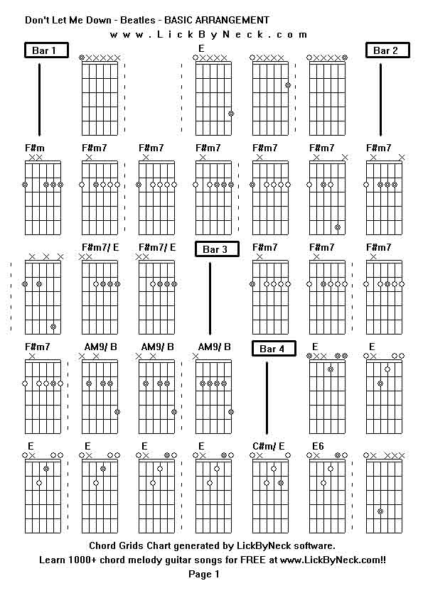 Chord Grids Chart of chord melody fingerstyle guitar song-Don't Let Me Down - Beatles - BASIC ARRANGEMENT,generated by LickByNeck software.